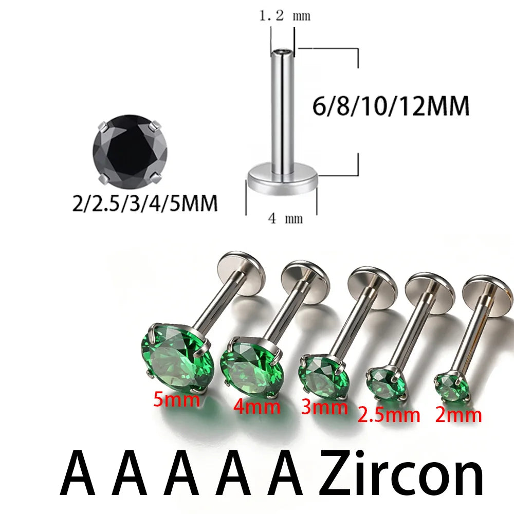 ASTM F136 Titanium Ear Lip Nose Studs CZ Top Labret Stud internal thread Earrings  Circular Multi Size Piercing Body Jewelry