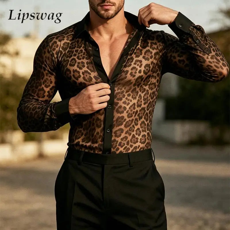 Nightclub Mens Leopard Print Mesh Slim Shirt Spring Summer Sexy See Through Long Sleeve Shirts Men Clubwear Vintage Button Shirt