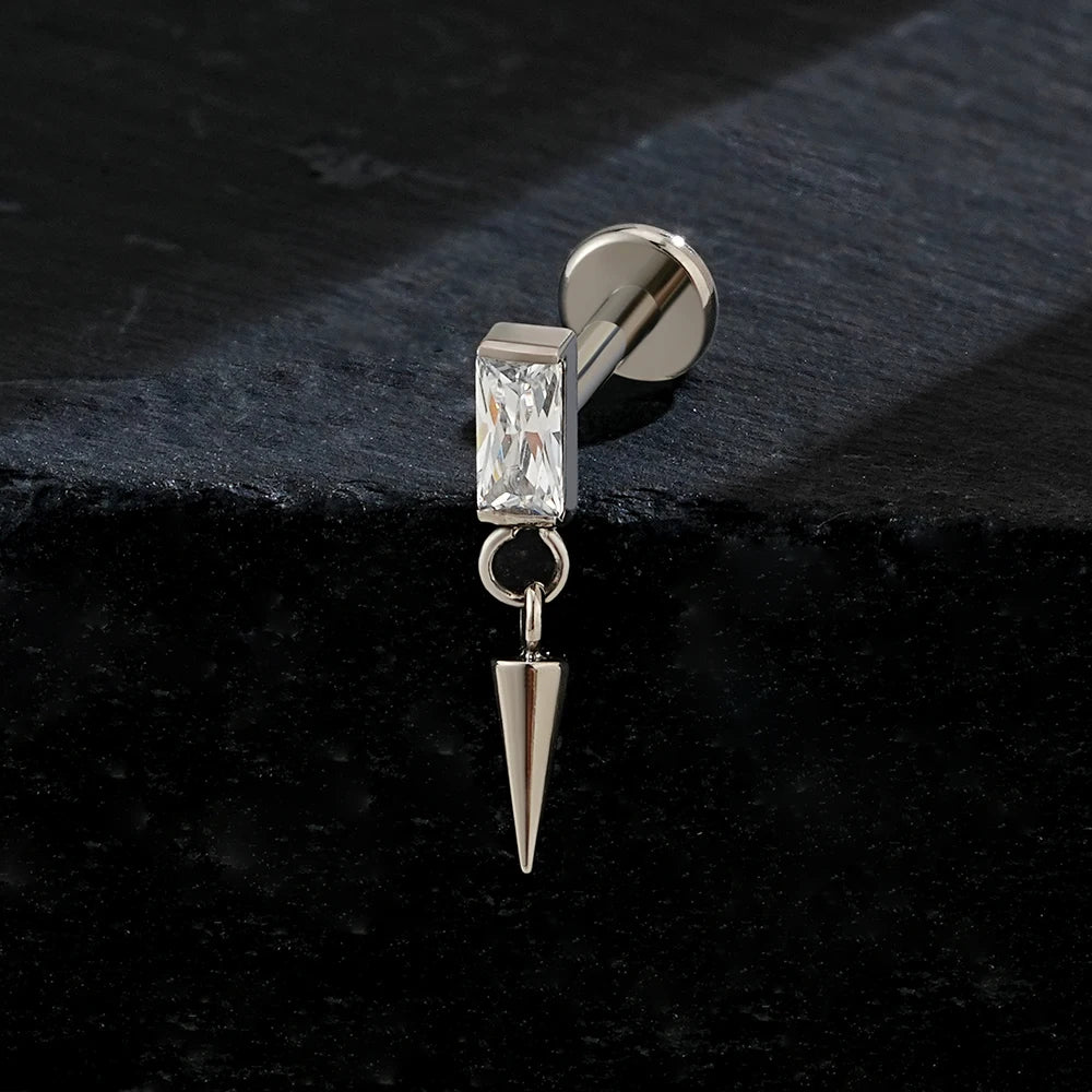 Right Grand ASTM F136 Titanium Square CZ Stud Cone Spike Dangle Earring 16G Internally Threaded Flat Back Labret Piercing