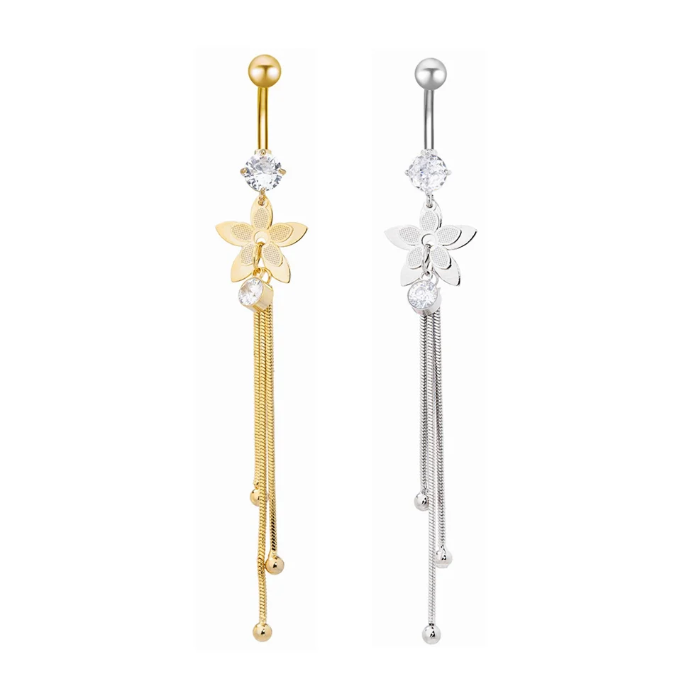 Long Chain Tassel Flower Dangle Belly Button Ring for Women Stainless Steel Navel Piercing Jewelry Party Beach Body Accessories