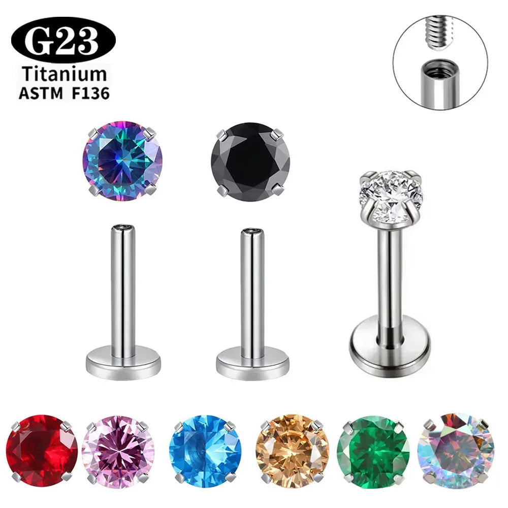 ASTM F136 Titanium Ear Lip Nose Studs CZ Top Labret Stud internal thread Earrings  Circular Multi Size Piercing Body Jewelry