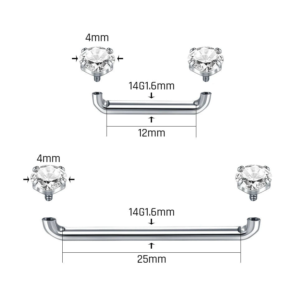 1/5PCS Titanium Surface Piercings 12mm-25mm CZ Crystal Staple Surface Piercing Barbell Zircon Micro Dermal Anchors Bar Jewelry