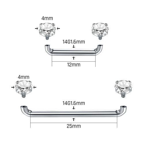 1/5PCS Titanium Surface Piercings 12mm-25mm CZ Crystal Staple Surface Piercing Barbell Zircon Micro Dermal Anchors Bar Jewelry