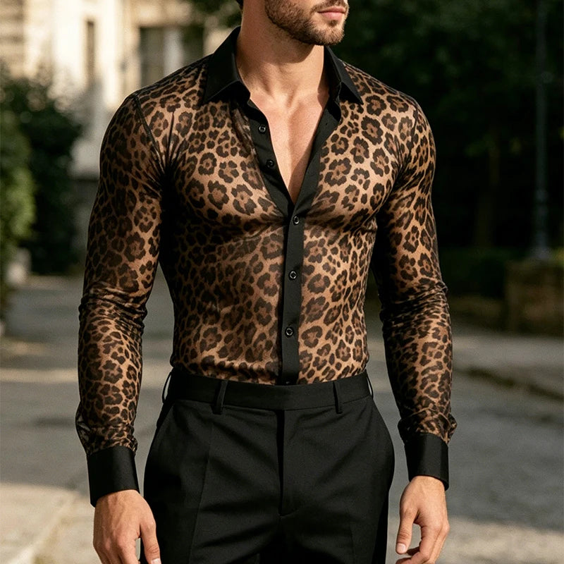 Nightclub Mens Leopard Print Mesh Slim Shirt Spring Summer Sexy See Through Long Sleeve Shirts Men Clubwear Vintage Button Shirt