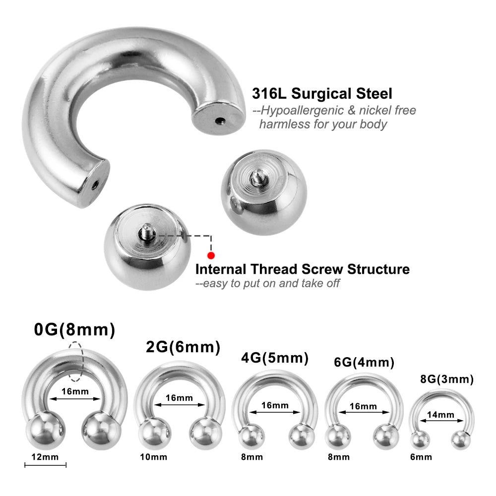 1PC 2/4/6/8G Steel Horseshoe Nose Ring Internal Threaded Large Size Earring Gauges Piercings Noses Ear Expander Septum Piercing