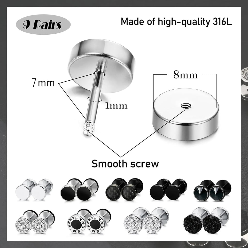 9 Pairs Stainless Steel Stud Earrings for Men Women Round Cheater Plug Faux Gauges Ear Tunnel Mens Earrings