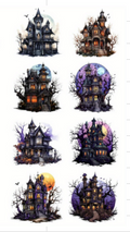 A set of 5 Halloween-themed haunted house designs displayed on a white background, with one design shown printed on a clear glass mason jar with a wooden lid. The houses feature dark gothic architecture, glowing orange windows, and spooky night sky colors including purple, blue, and orange.