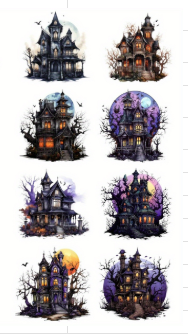 A set of 5 Halloween-themed haunted house designs displayed on a white background, with one design shown printed on a clear glass mason jar with a wooden lid. The houses feature dark gothic architecture, glowing orange windows, and spooky night sky colors including purple, blue, and orange.