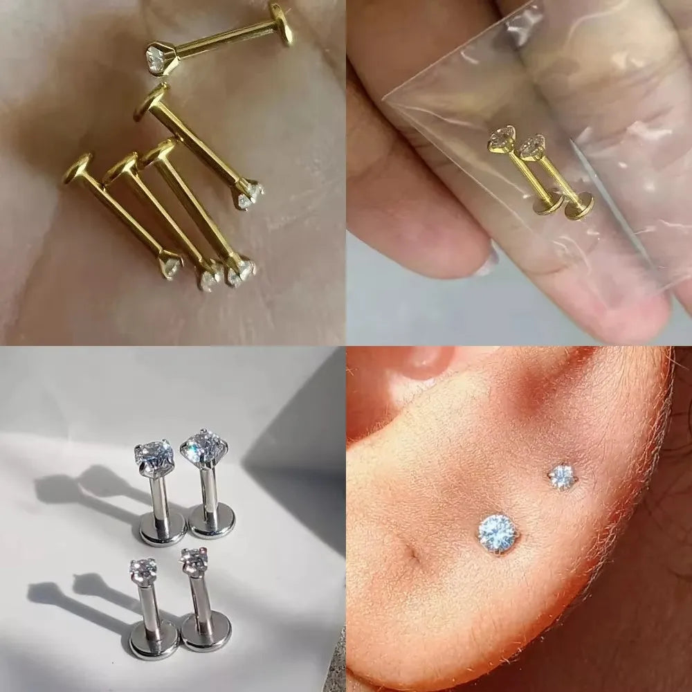 ASTM F136 Titanium Ear Lip Nose Studs CZ Top Labret Stud internal thread Earrings  Circular Multi Size Piercing Body Jewelry
