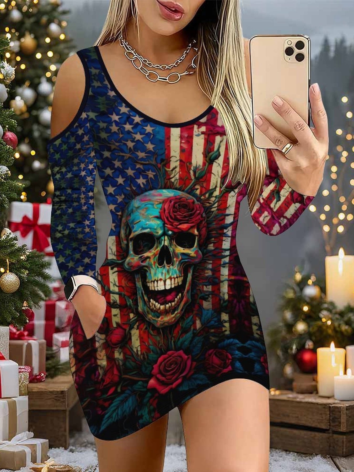 Standard Size Women's Off-shoulder Bodycon Long-sleeve Pocket Sports Dress, Featuring A National Flag Print Pattern, Suitable for Daily Wear and Outdoor Gatherings.