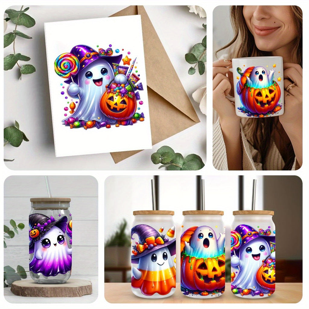 5pcs/Set Halloween Ghosts and Ghosts UV DTF Cup Packaging Suitable for 16 Ounce Glass Jars - Colored Self-Adhesive Transfer Paper DIY Crafts Laptops Notebooks Et