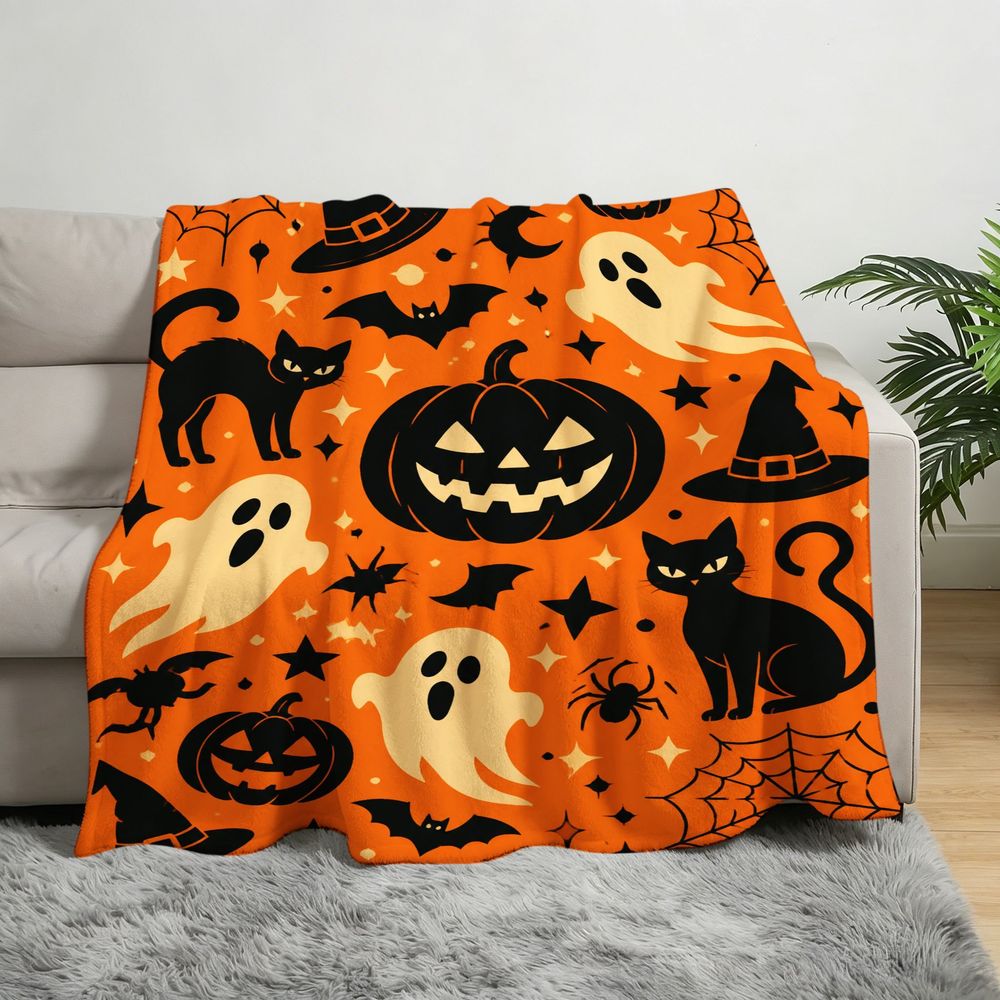 Cozy Halloween Fleece Throw Blanket Featuring Jack O Lanterns Black Cats Ghosts And Bats Soft Decorative Bedspread for Living Room Bedroom Sofa Home Decor Holiday Gift