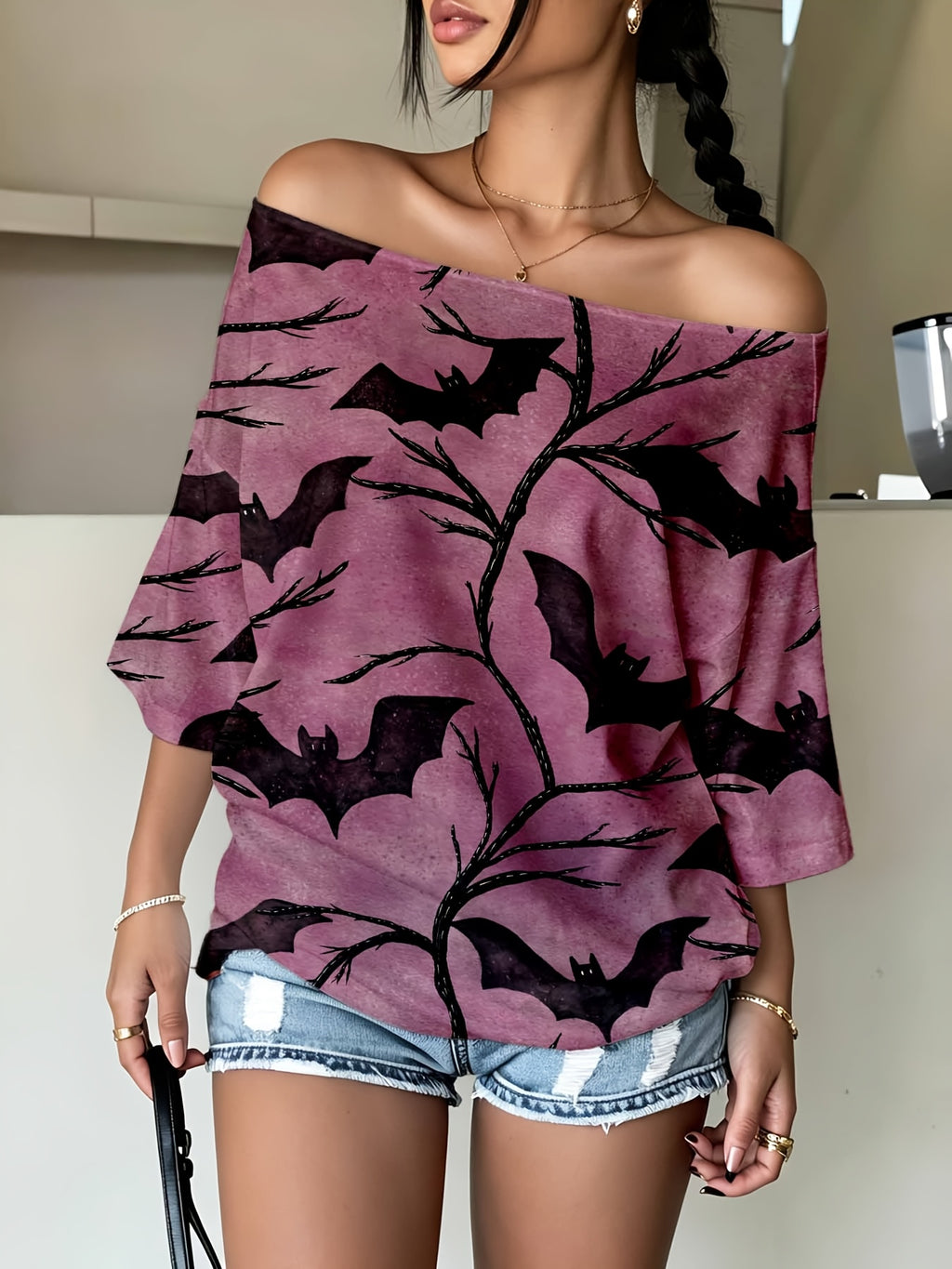 Halloween Bat Print Off Shoulder T Shirt Women Gothic Short Sleeve Top Casual Sports Wear