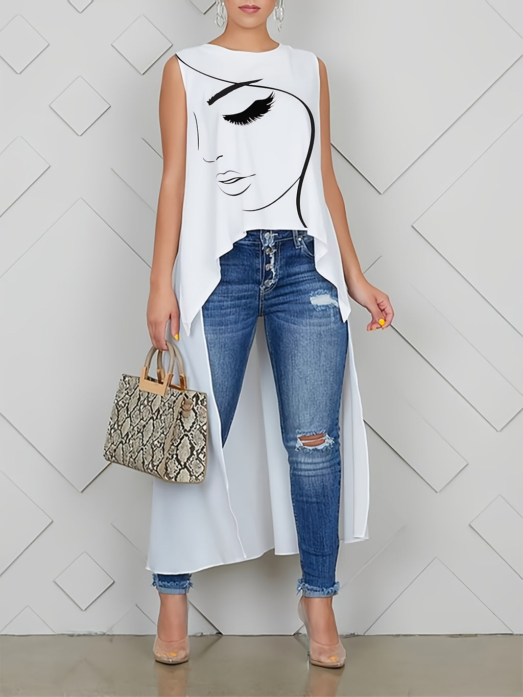 Fashion T-shirt with Face Print, Long Version, Women's Cardigan Top, Christmas Gift Women's Cape-Style Dress