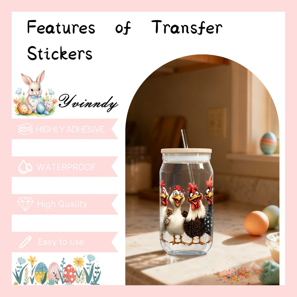 Four Happy Chicken Family UV DTF Transfer Stickers, Scratch-Resistant, Suitable for 16Oz Cups, Bottles, And Home Decor. Beautiful Lady Transfer Stickers, Perfect for Crafts