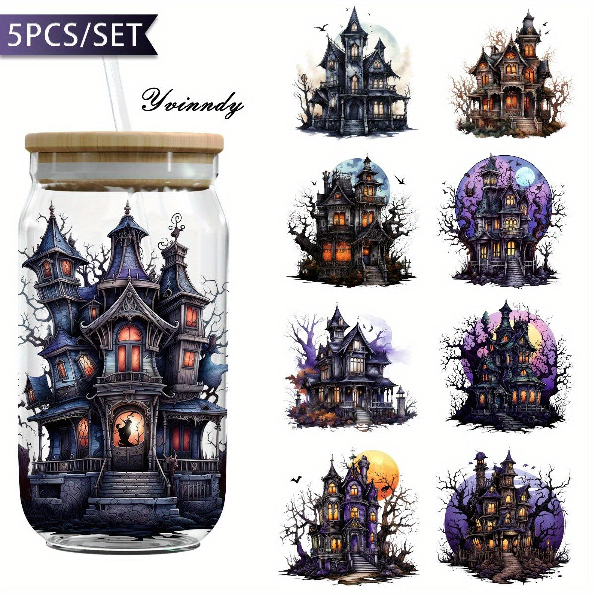 5pcs/SET Halloween Dark Castle DIY Light Beigeny Tumblers Wrap Decorative transfer paper UV DTF High Self-adhensive Wraps Transfers Decor Transfer Paper On Cup