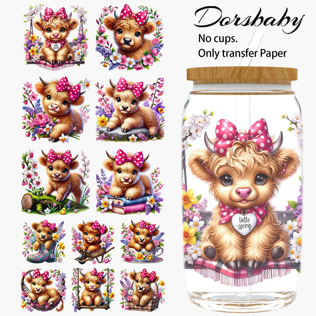 Set of 12 Spring-Themed Highland Cow UV DTF Cup Wraps Designed for 16Oz Glassware, Including Stickers for Cups, Bottles, And Other Craft Projects. This Package Contains Solely The Transfer Stickers, Not The Cups