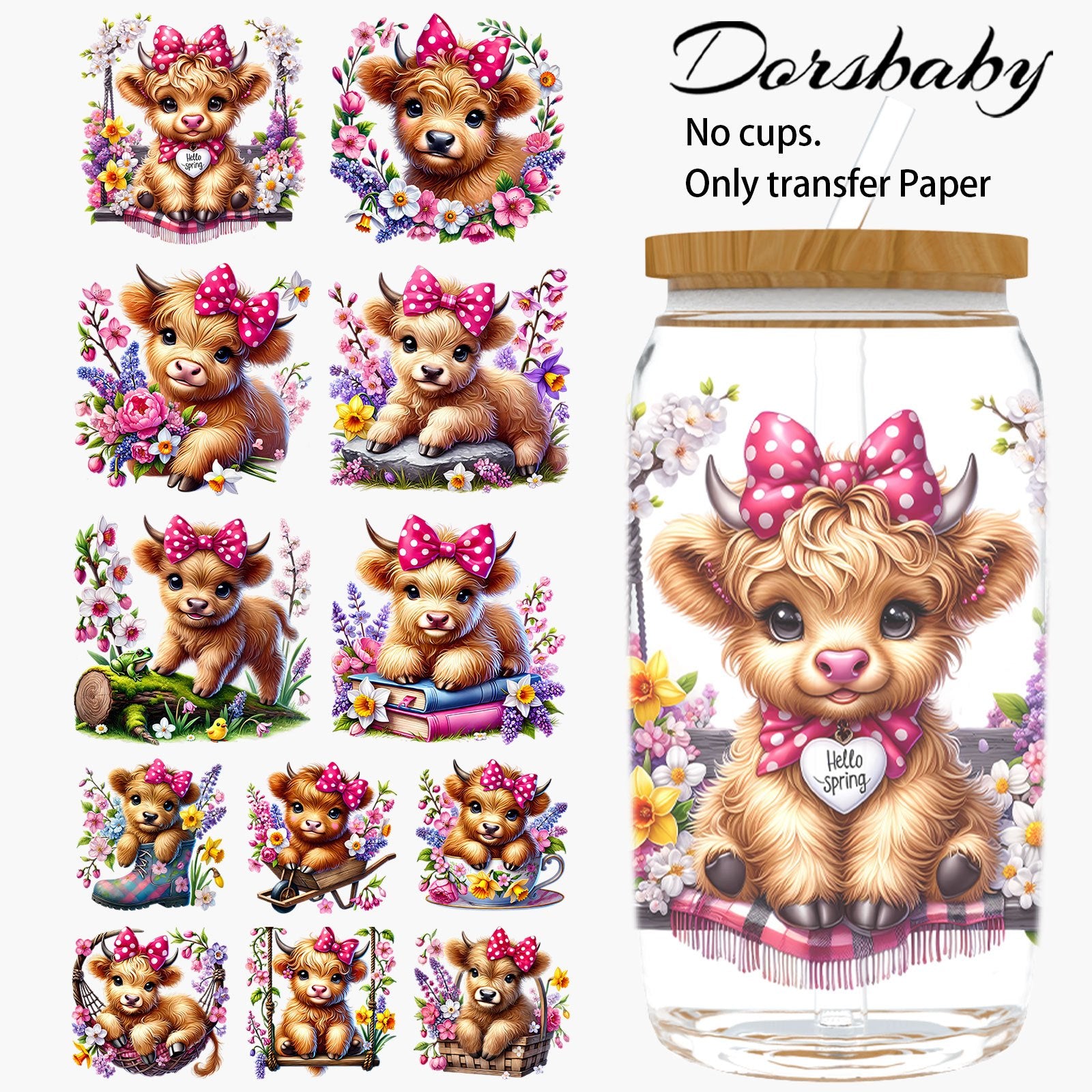 Set of 12 Spring-Themed Highland Cow UV DTF Cup Wraps Designed for 16Oz Glassware, Including Stickers for Cups, Bottles, And Other Craft Projects. This Package Contains Solely The Transfer Stickers, Not The Cups