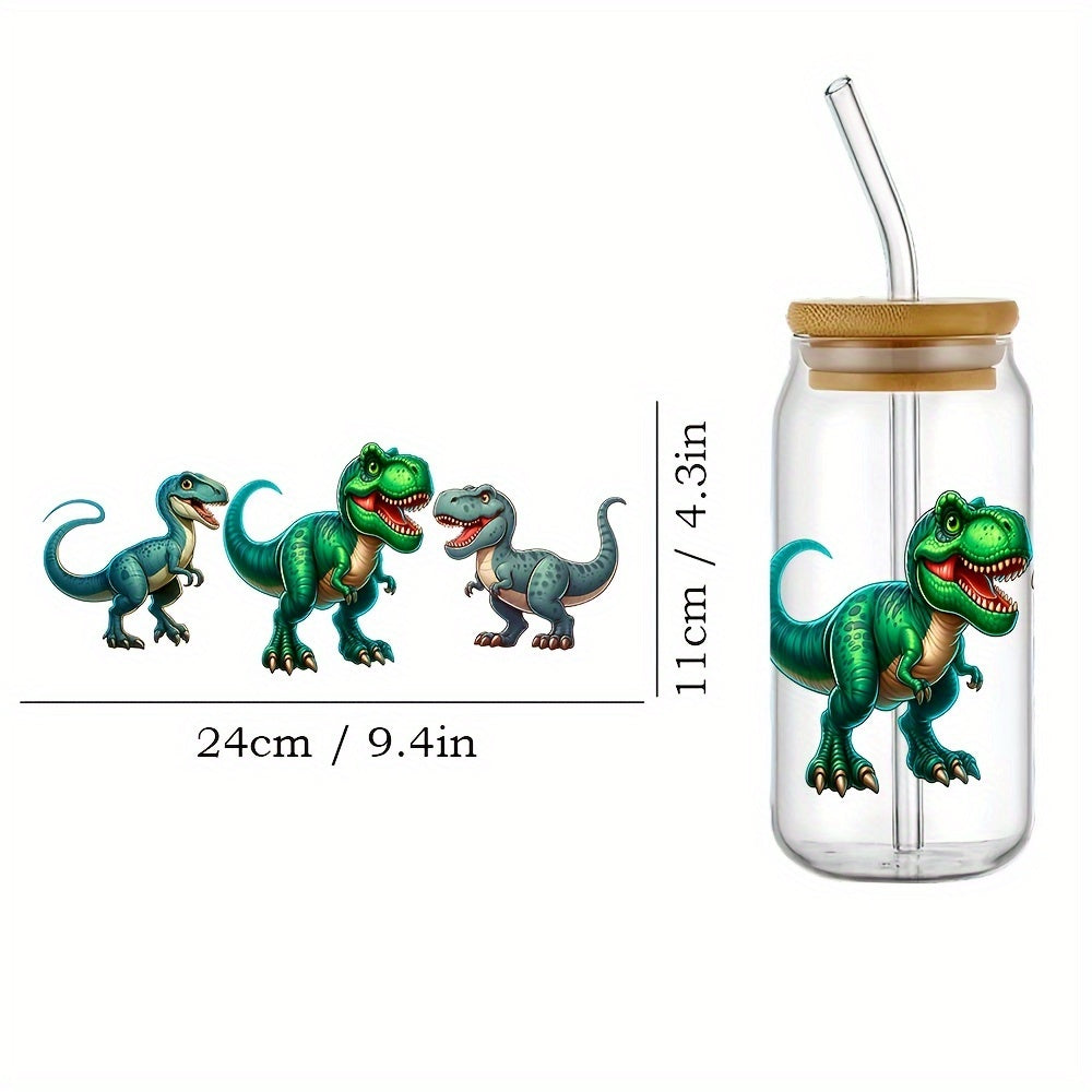 4pcs Funny Dinosaur Sunflower UV DTF Cup Wraps Decals, DlY Waterproof Transfer Paper for 160z Libbey Glass Cup, 3D UV Crystal Label, DIY Transfer Paper- 4.3" x 9.4"