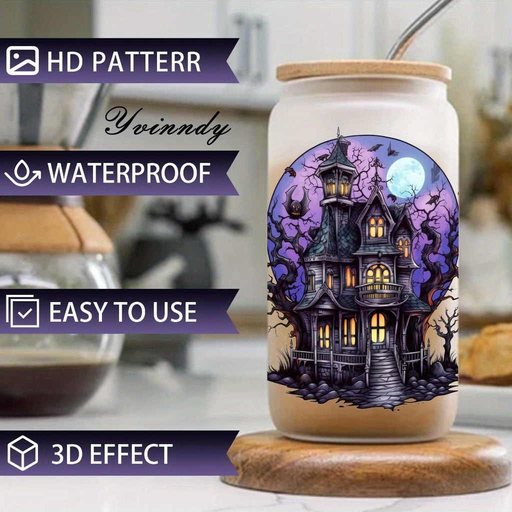 5pcs/SET Halloween Dark Castle DIY Light Beigeny Tumblers Wrap Decorative transfer paper UV DTF High Self-adhensive Wraps Transfers Decor Transfer Paper On Cup