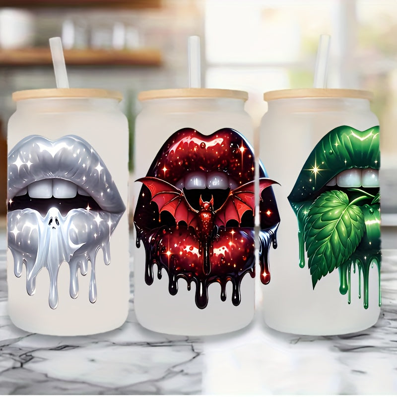 4 Sheets/set Halloween Lip Waterproof And Erasable UV DTF Transfer Paper Cup Set Suitable for 16 Ounce Glass Coffee Cups, Mugs, Ceramics, Computer Transfer Paper, Decoration, Etc., Various DIY, Suitable for Handicraft Enthusiasts (sold In Packaging, Cup
