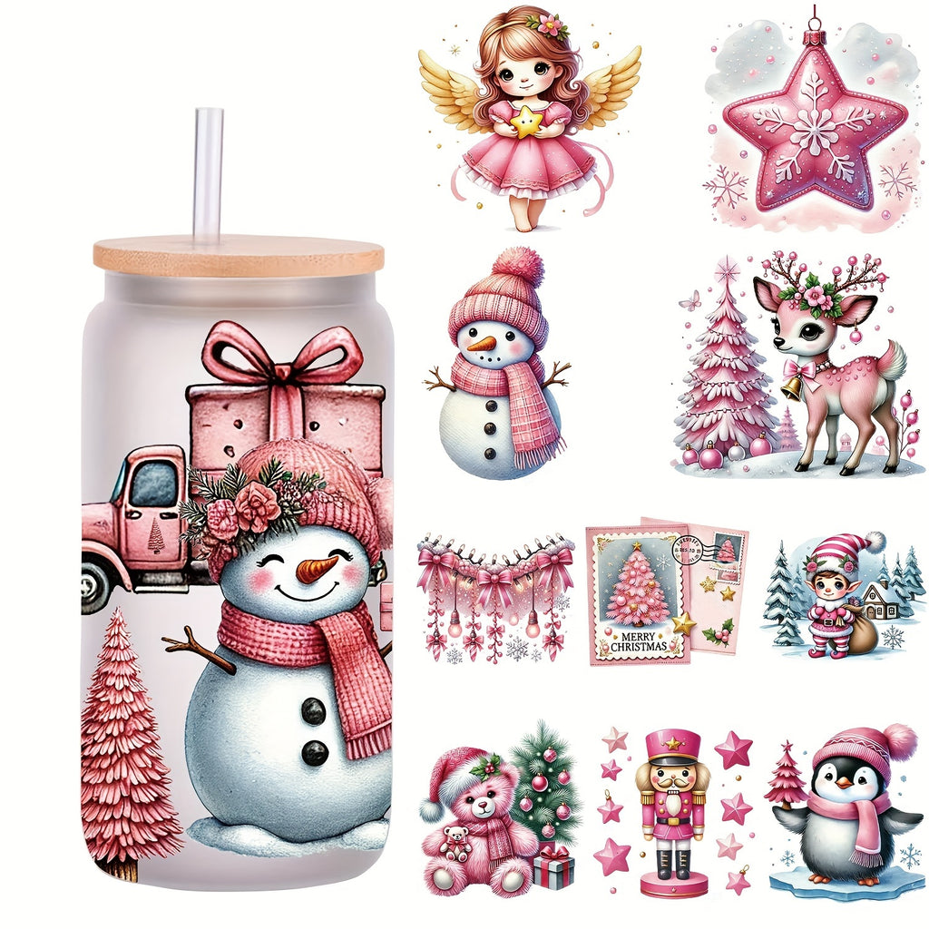 5pcs/Set Pink Christmas Snowman 16oz Glass Jars Wrap Festival Coffee Cup UV DTF High Self-adhensive Decor Wraps On Mugs