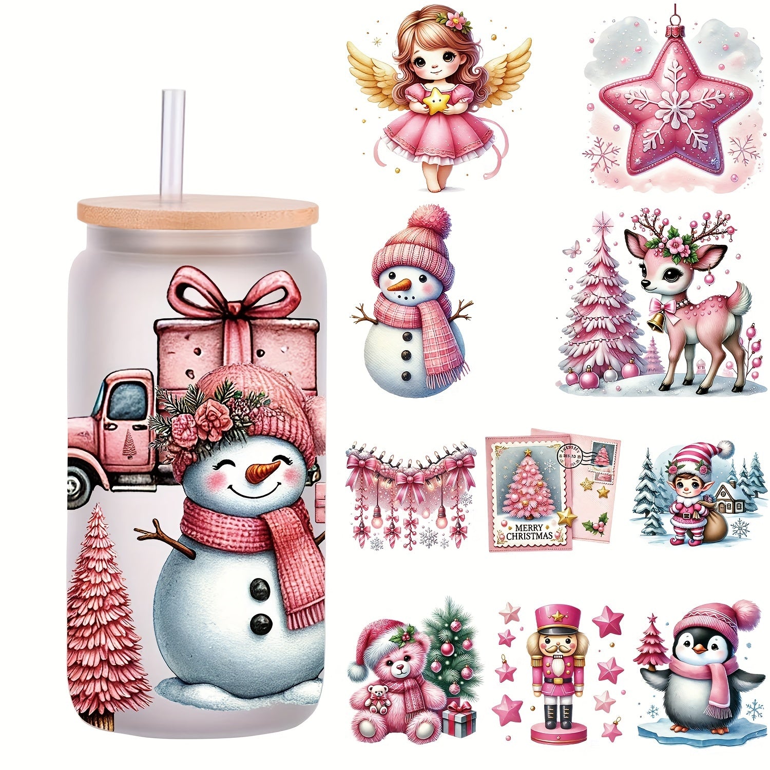 5pcs/Set Pink Christmas Snowman 16oz Glass Jars Wrap Festival Coffee Cup UV DTF High Self-adhensive Decor Wraps On Mugs