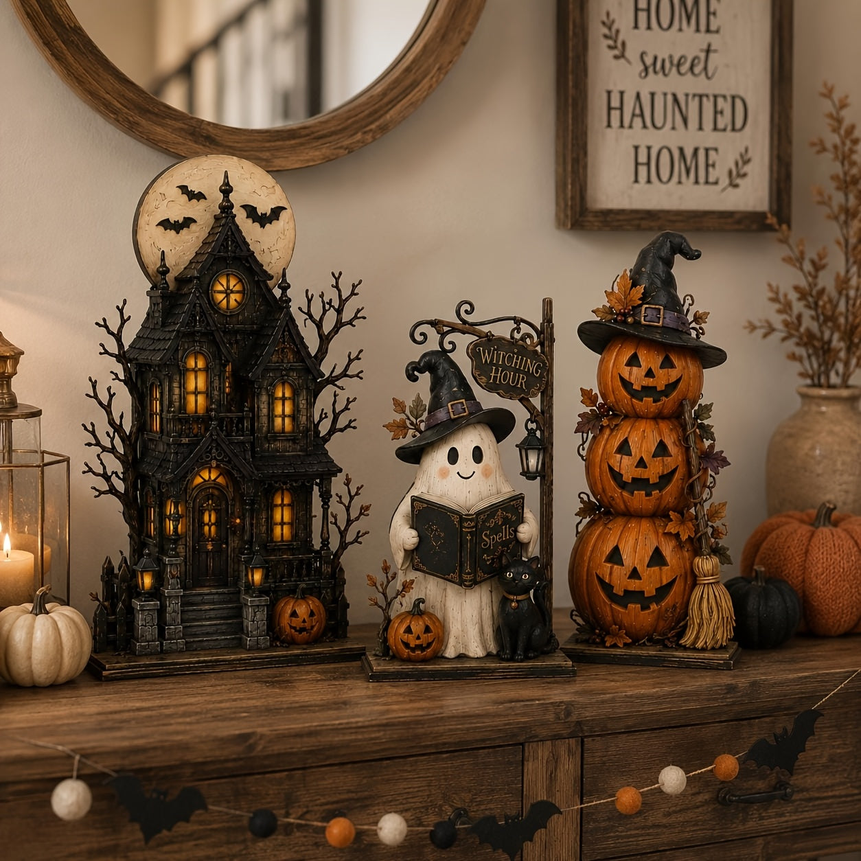 3pcs Vintage Wooden Haunted House & Pumpkin Decorations - Multi-Tier Gothic Shelf Rack Suitable for Halloween Tabletop Centerpiece, Spooky Desktop Ornaments for Mantel, Shelf, Autumn Home Gift for Haunted House Decor