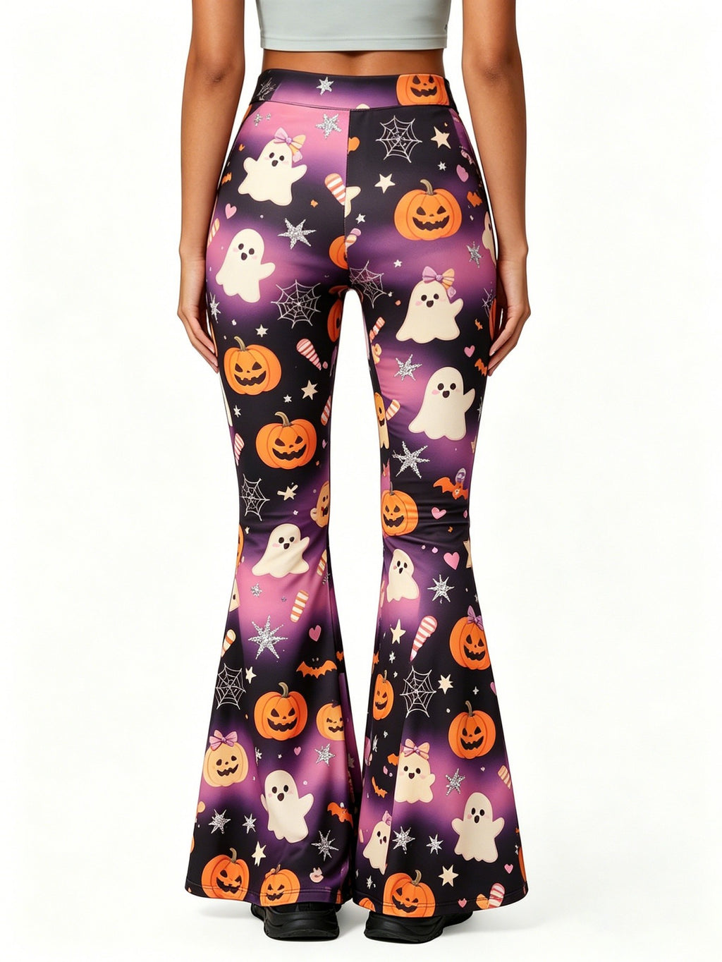 Women'S Halloween Ghost Pumpkin Flare Pants, Cute Spooky Print Casual Street Style Fun Festive Holiday Fashion