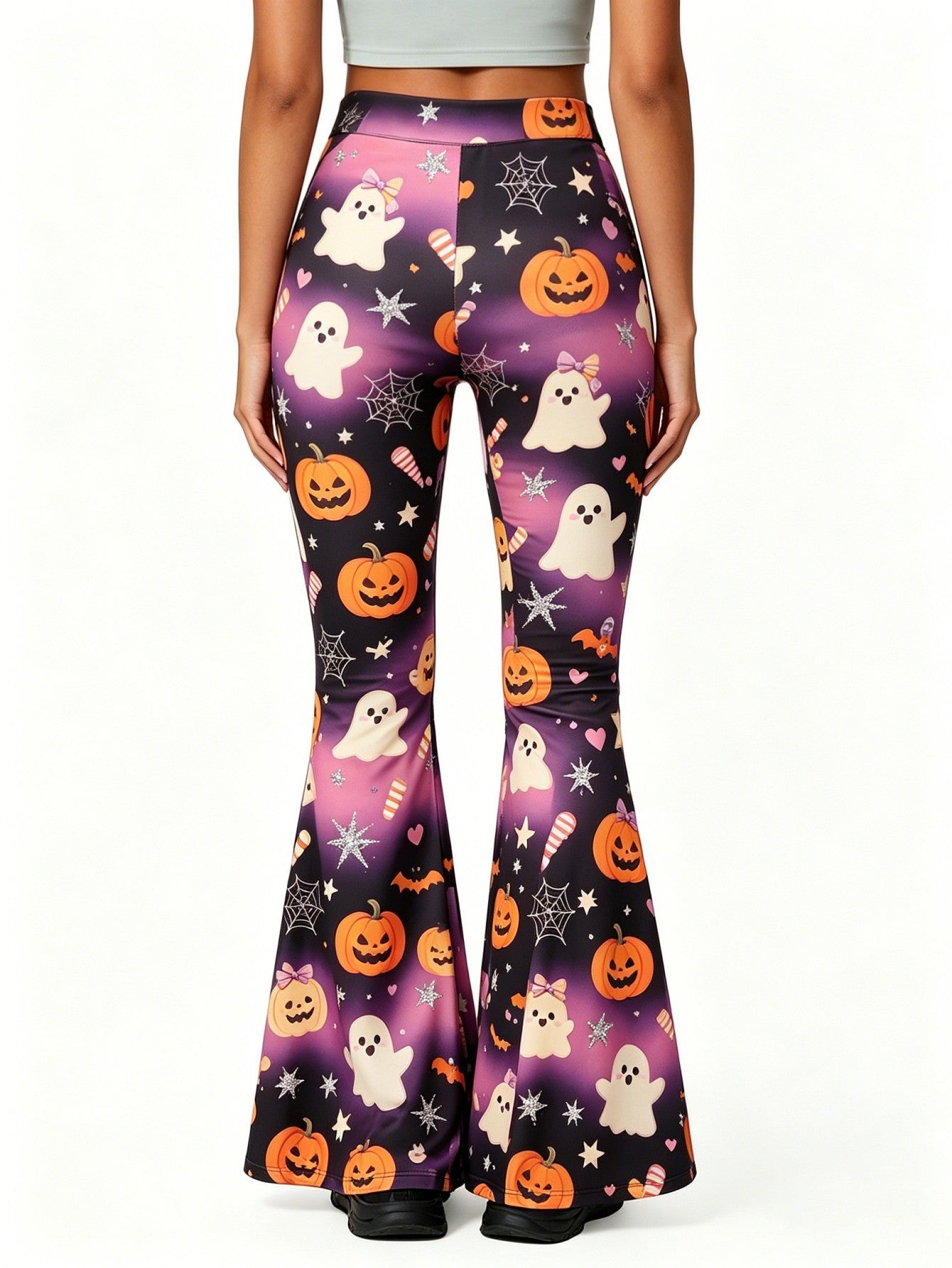 Women'S Halloween Ghost Pumpkin Flare Pants, Cute Spooky Print Casual Street Style Fun Festive Holiday Fashion
