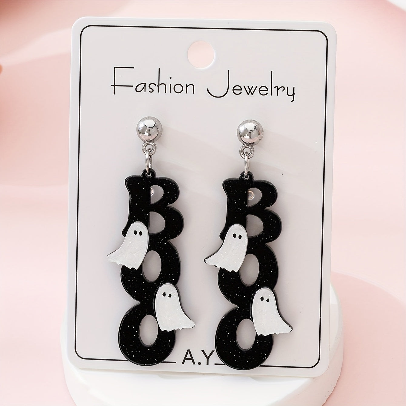 A Pair of Stylish Drop Earrings for Women Featuring a Spooky BOO Ghost Design, Perfect As a Gift for Holiday Parties