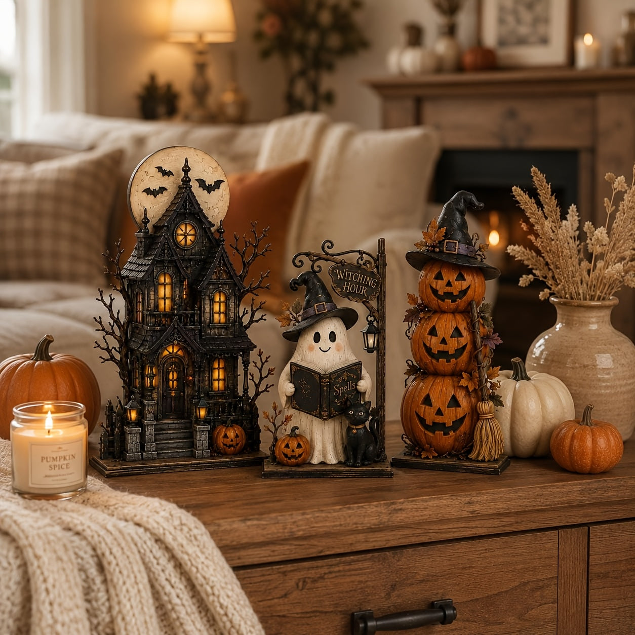 3pcs Vintage Wooden Haunted House & Pumpkin Decorations - Multi-Tier Gothic Shelf Rack Suitable for Halloween Tabletop Centerpiece, Spooky Desktop Ornaments for Mantel, Shelf, Autumn Home Gift for Haunted House Decor