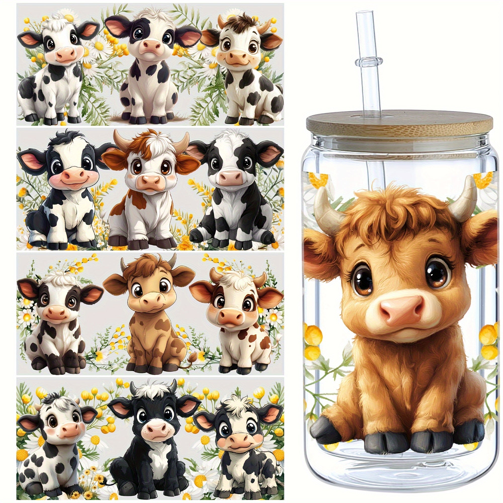 5-Zhang Xiaoniu-Uv-Dtf-Cup Stickers, Glass-Dtf-Transfer Paper, High-Quality Cute Cow Erasable Transfer Paper, Suitable for 16-Ounce Glass Cups, Mugs, Crafts, And Furniture