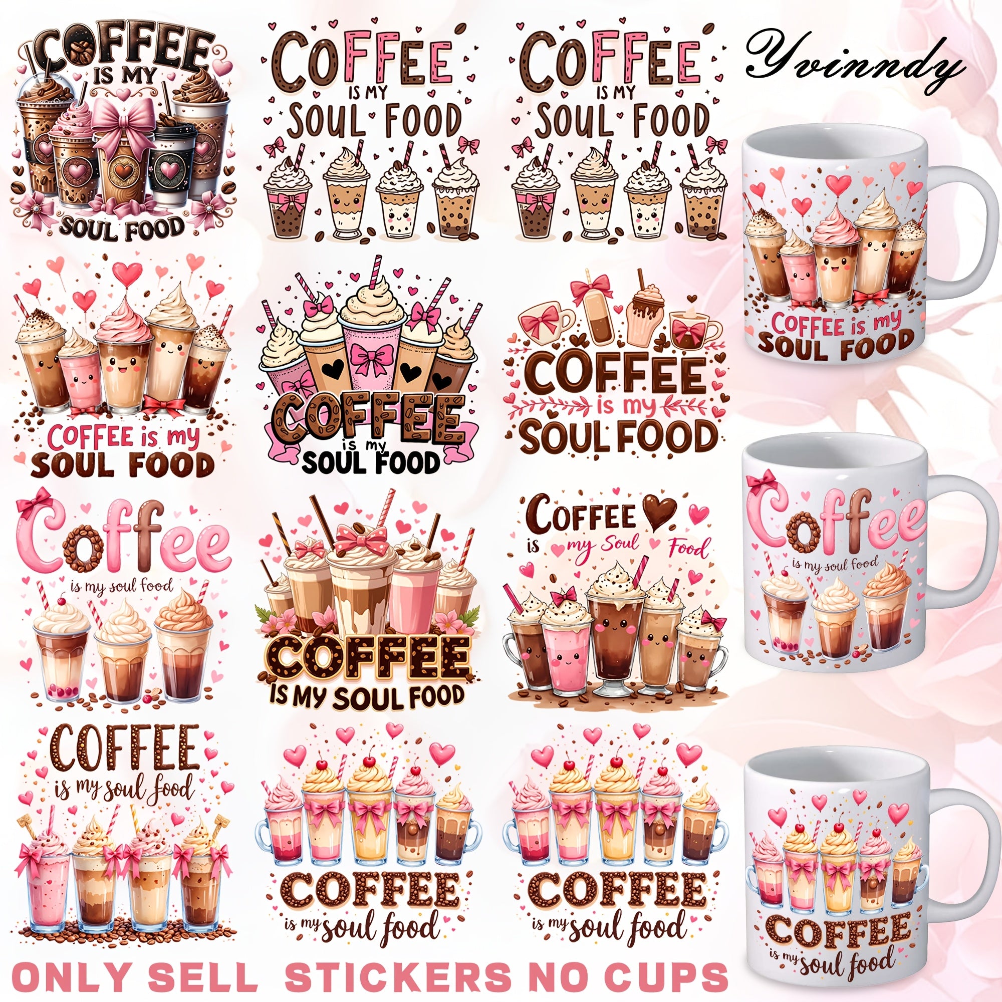 Set of 12 Valentine'S Day Coffee-Themed Light Beige Tumblers with Decorative Transfer Paper, Featuring UV DTF High Self- Wraps for Cup Decoration