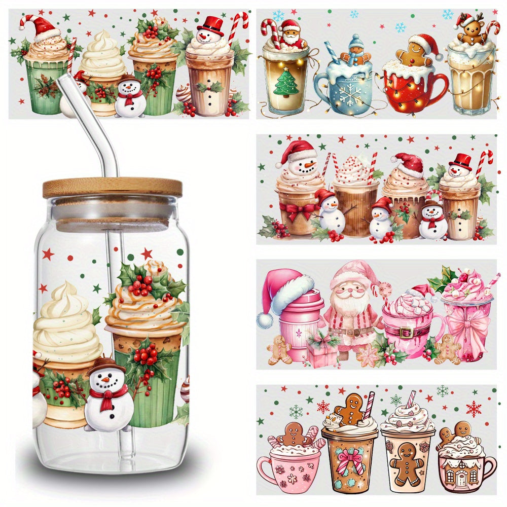 5pcs/sheet (for 16oz) Christmas Ice Cream UV DTF Transfer Suitable for Glass, Mugs, Crafts - Vinyl Wipe- with Removable Paper Backing, Suitable for Cups, Furniture, DIY, Pencils, Decoration