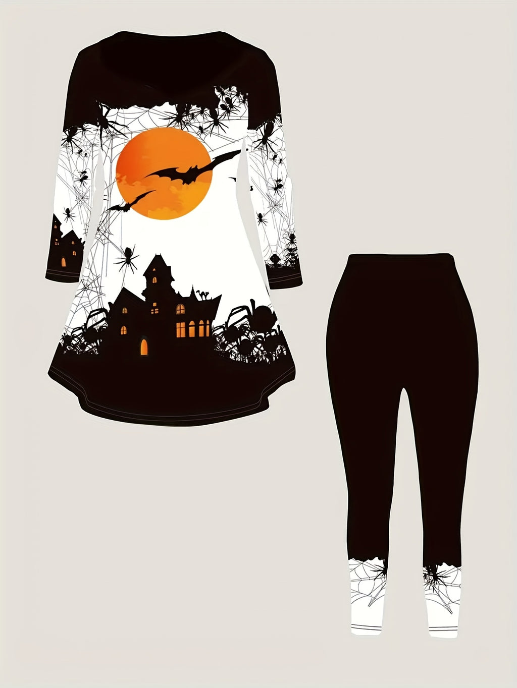 Halloween Spider Moon Bat Print T-Shirt and Spider Web Print Leggings Set