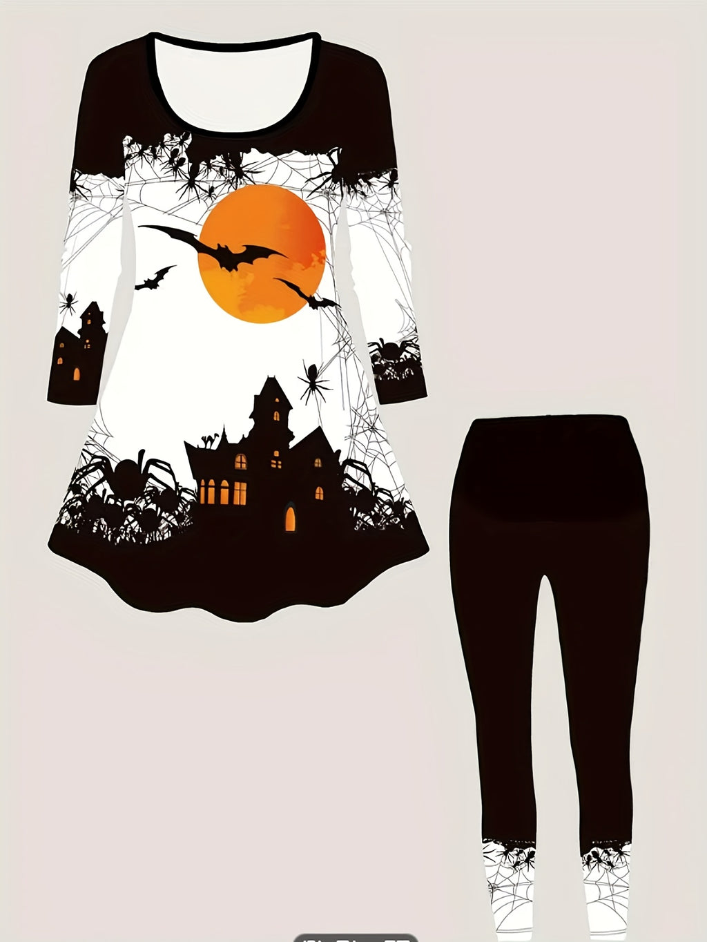 Halloween Spider Moon Bat Print T-Shirt and Spider Web Print Leggings Set