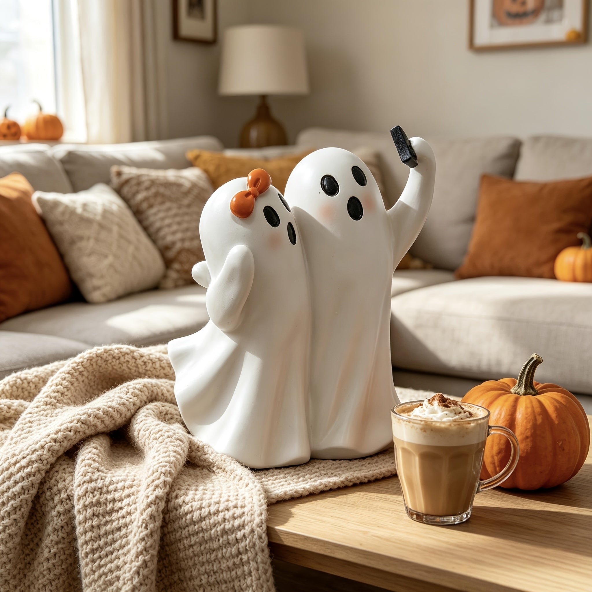 Halloween-Themed Cute Selfie Ghost Resin Ornament, Healing Soft And Cute Image with Blush And Bow, Fun Interactive Selfie with Phone, Perfect for Creating a Warm And Playful Holiday Atmosphere, Ideal As a Holiday Souvenir for Friends, Elders