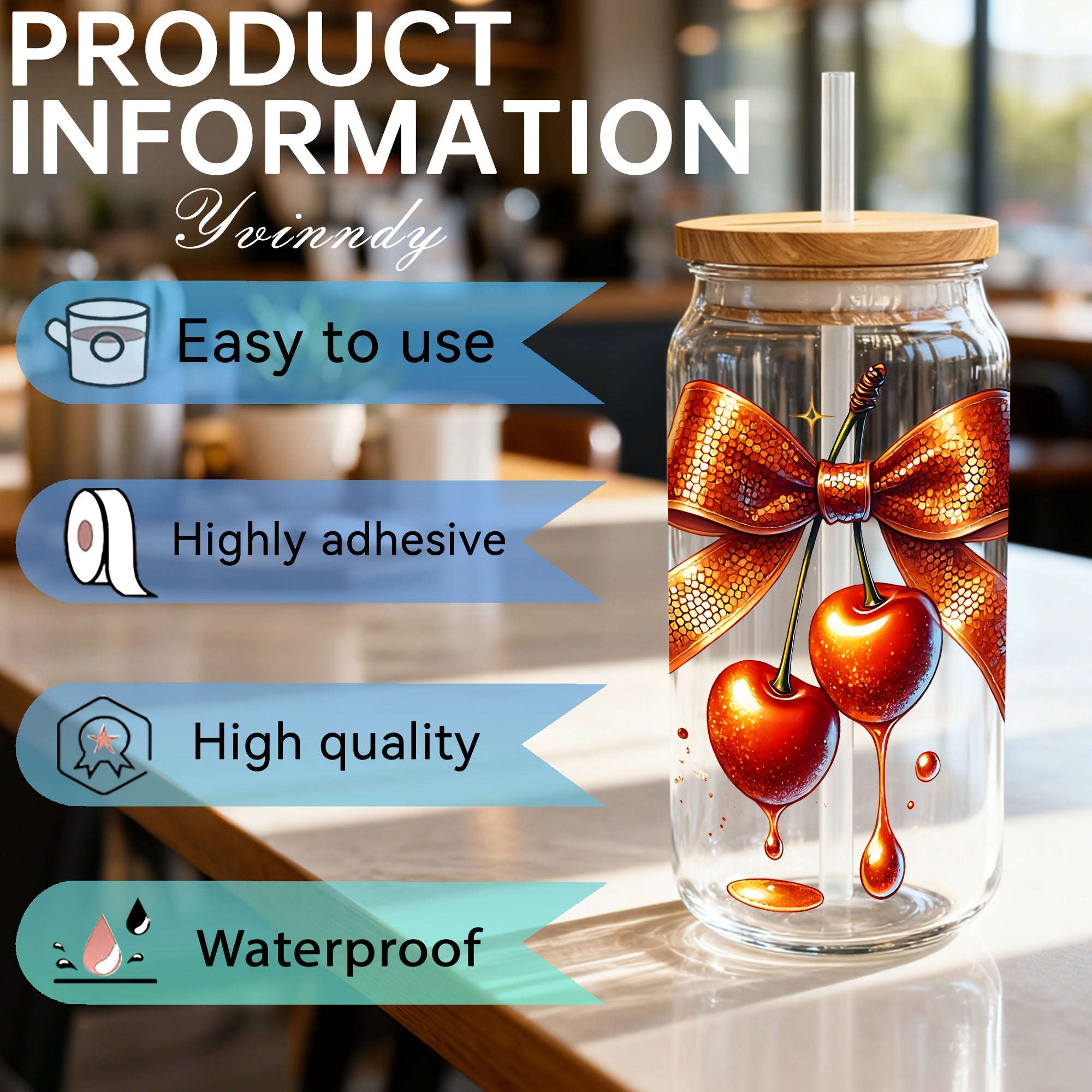 4pcs/SET Waterdrop Bow Cherry DIY Light Beigeny Tumblers Wrap Decorative Transfer Paper UV DTF High Self-adhensive Wraps Transfers Decor Transfer Paper On Cup