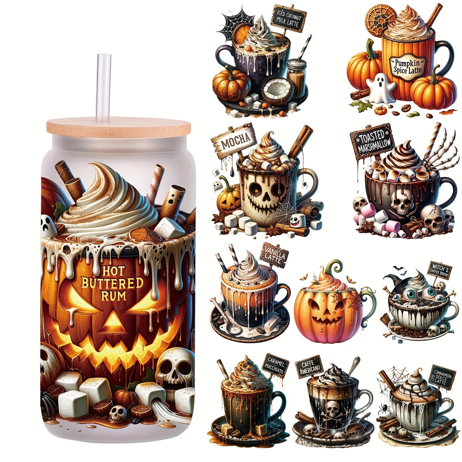 5pcs/Set Halloween Pumpkin 16oz Glass Jars Wrap Halloween Ice Cream Coffee Cup UV DTF High Self-adhensive Decor Wraps On Mugs