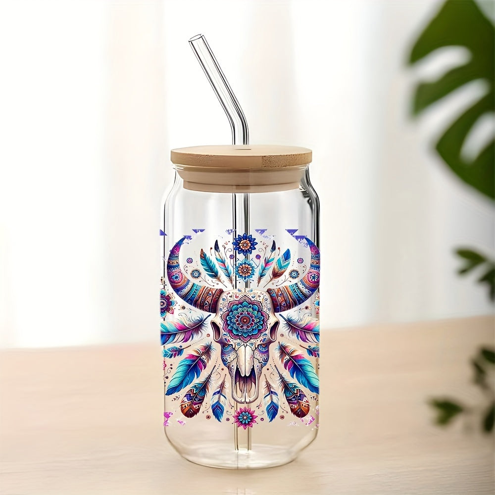 Bull Skull 4pcs Set UV DTF Self-Adhesive Cup Wraps, Waterproof & Scratch-Resistant 3D Crystal Stickers for Tumblers & Bottles - Premium Quality Decals (4.3"x9.4")