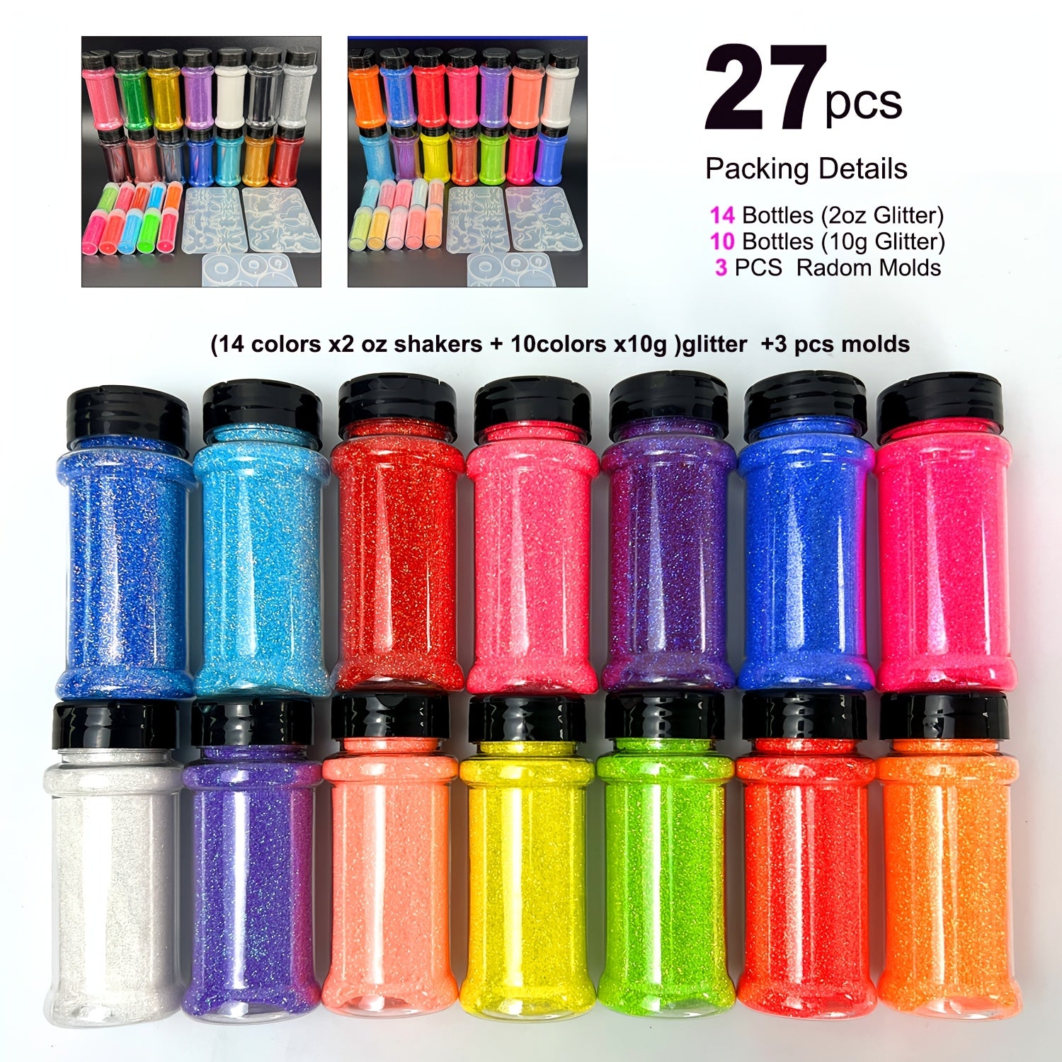 [14+10+3pcs Pack] 2oz Glitter Powder Bottles & 3pcs Resin Molds Suitable for Glass Cup Crafts, Resin Art DIY, Iridescent Fine Powder for Making, Mold Filling Supplies, Glass Crafts for Beginners/Professional