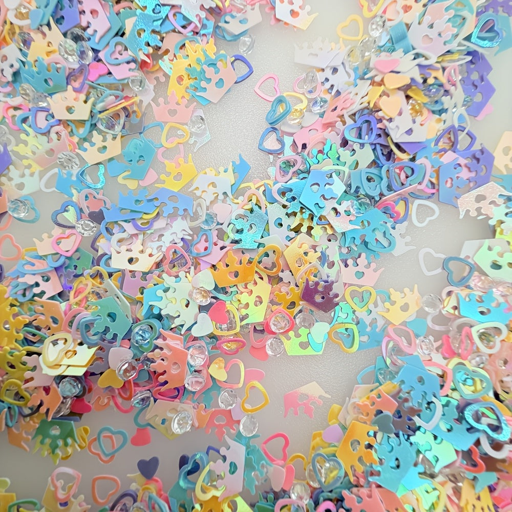 1980pcs, Assorted Glitter Decorations Featuring Sparkling Crowns, Interlocking Hearts, And Rhinestone Shapes | Holographic Iridescent Laser Glitter, PVC Material, Laser-Cut, Glossy And Sparkling, Perfect for Parties, Mother'S Day, Weddings