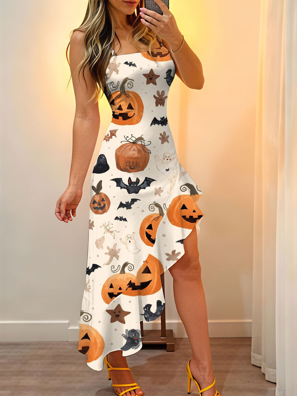 Women'S Sleeveless Halloween Pumpkin Bat Ghost Print Backless Ruffled Hem Fitted A-Line Dress, Fitted High Slit Long Formal Cocktail Party Gown, Ruffled High Waist Low Hem Wedding Guest Long Beach Dress
