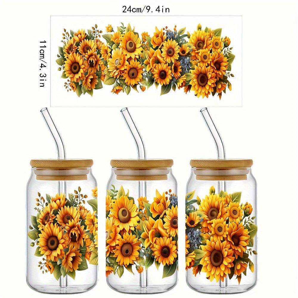 4pcs/set Sunflower UV DTF Cup Packaging Printing Self-adhesive DTF Transfer Suitable for 16oz Glass Jar Packaging, 3D Crystal Labels Waterproof and Scratch-resistant, DIY Packaging Transfer Fashionable Women's DIY Crafts- High Quality(11x 24cm)