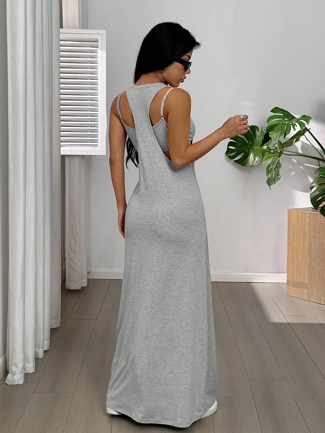 The Solid Color Asymmetrical Neckline Sleeveless Casual Dress Set Is Perfect for Summer Wear