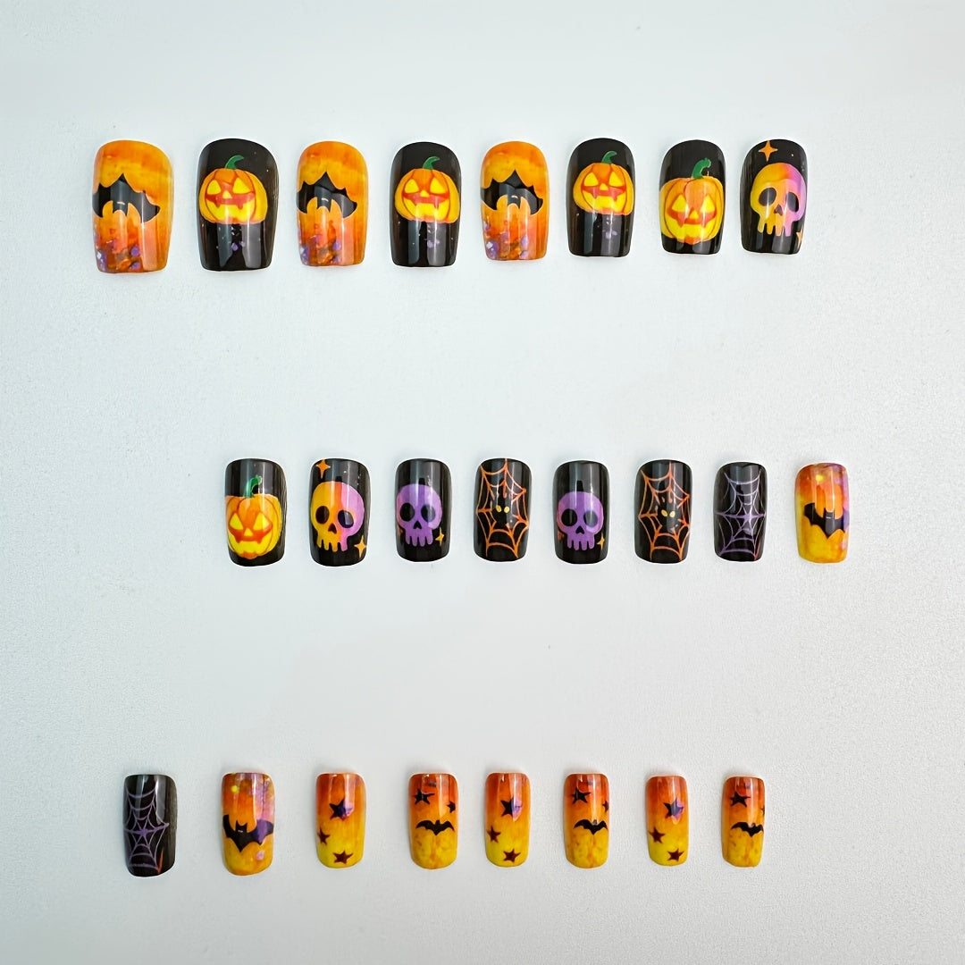 24pcs Medium European Square Fake Nails, Halloween Pumpkin Spiderweb Press-On Nail Design, Glossy Detachable False Nail Tips