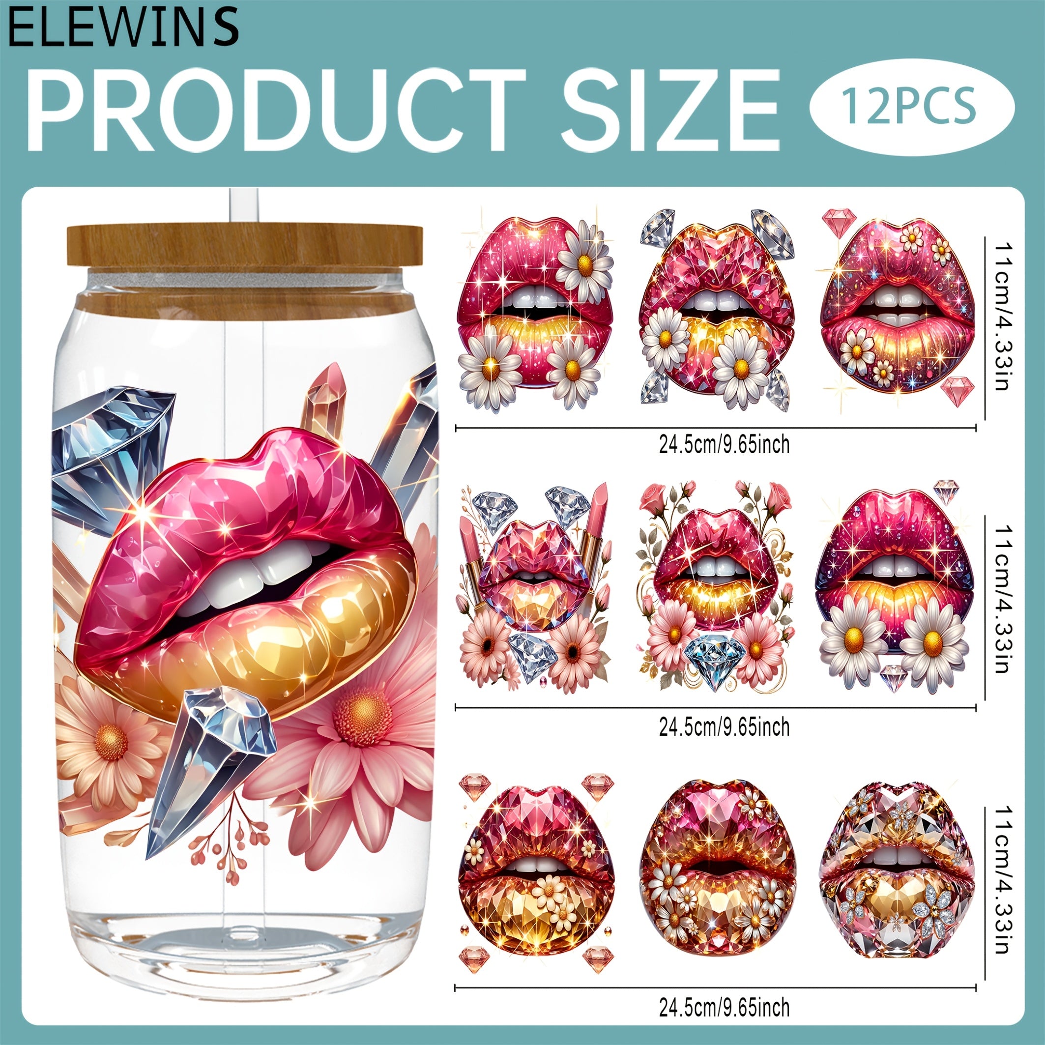 UV DTF Cup Wrap - 12 Sheets Crystal Lips UV DTF Cup Wraps for 16oz UV DTF Cup Wraps Affirmation Waterproof UV DTF Transfer Stickers for Glass Cup Mug DIY Crafts