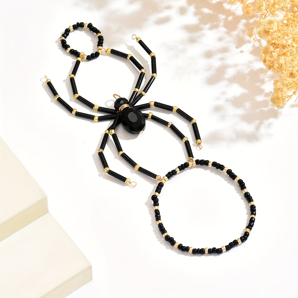 1pc Retro Dark Gothic Handmade Beaded Spider Bracelet Ring, Halloween Temperament Elegant Exaggerated Banquet Party Style Bracelet, Suitable for Ladies Halloween Party Dance Banquet Music Festival Wear