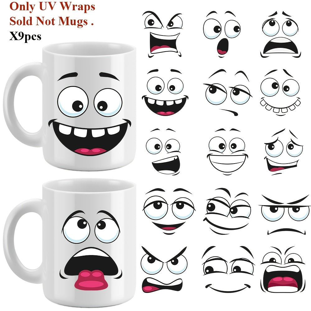 9pcs/set of Fun Expression UV Transfer Self-adhesive Paper, Cartoon-themed Transfer Paper, Suitable for Mugs, Cups, Bottles, Etc., Art Crafts, DIY Art Supplies, Water Cup Stickers